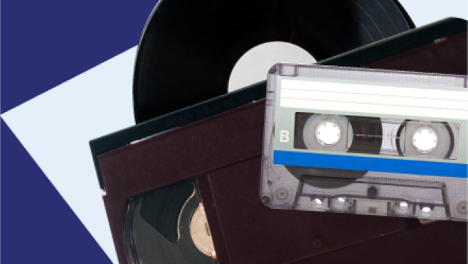 A side-by-side comparison of a vinyl record, VHS tape and audio cassette tape.