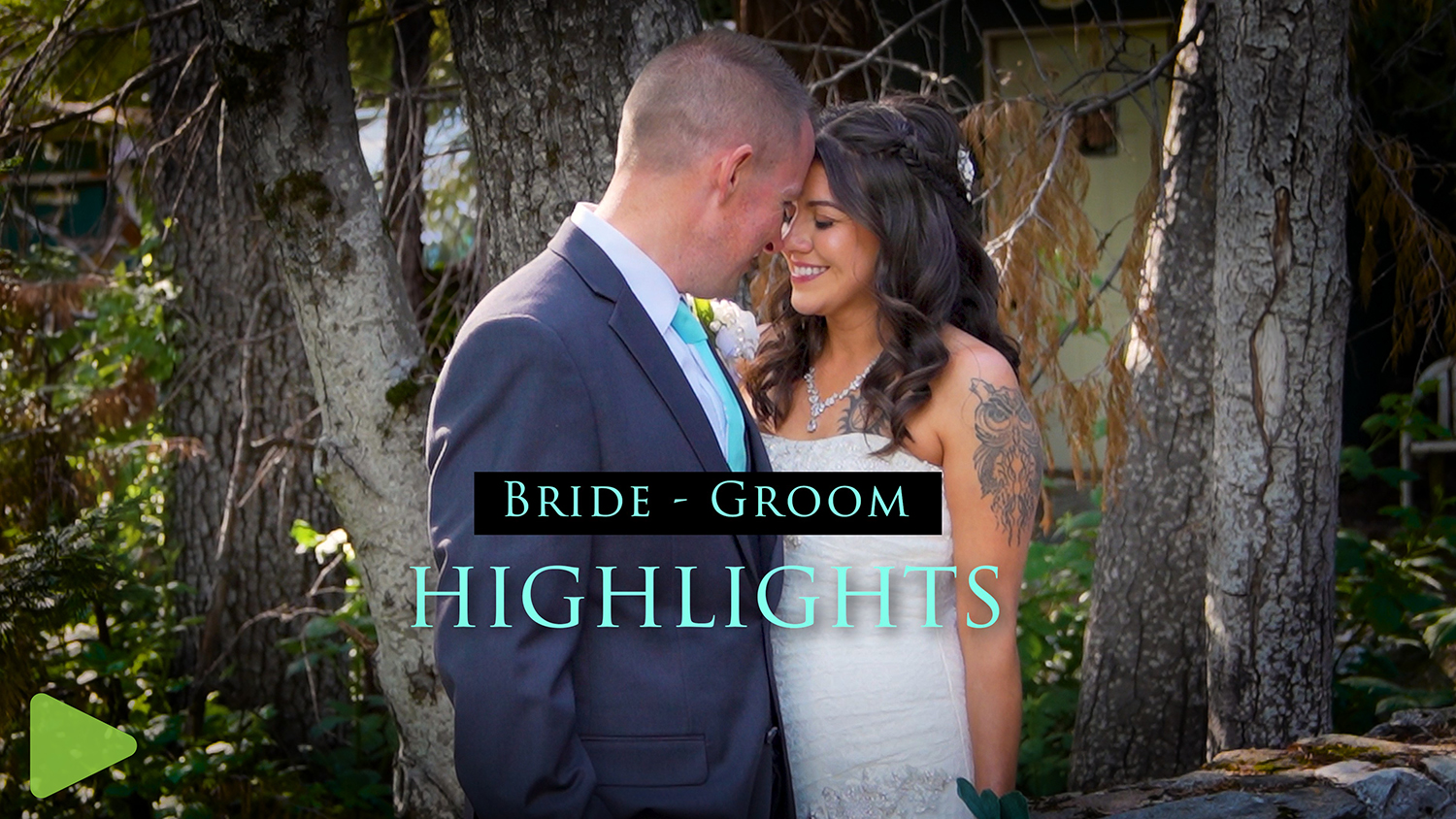 Bride and Groom Cinematic Wedding Video Highlights A bride and a groom in leaning their foreheads together in a forest setting