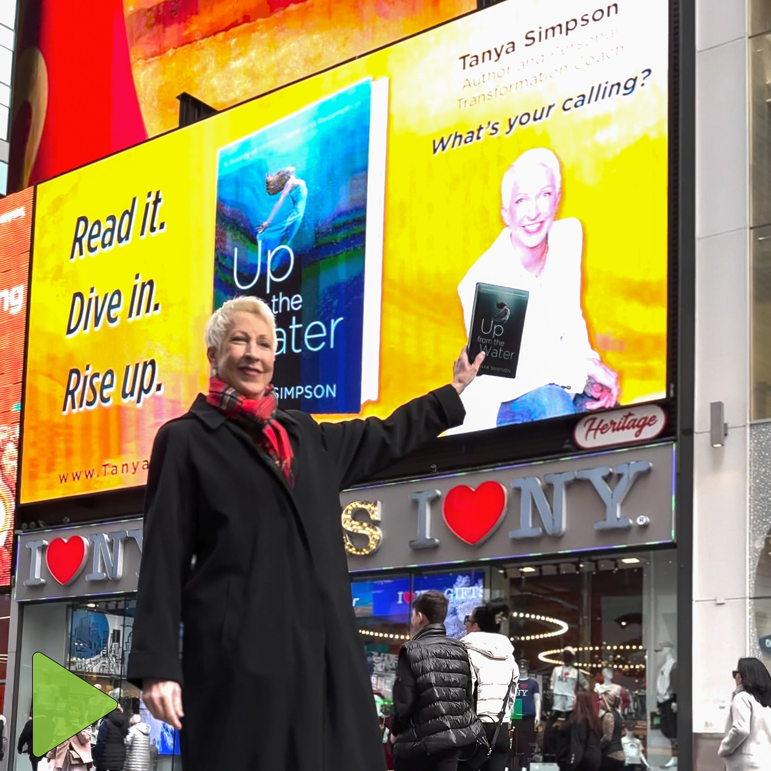 Best-selling author Tanya Simpson standing in Times Square during the launch of her book, "Up From The Water".